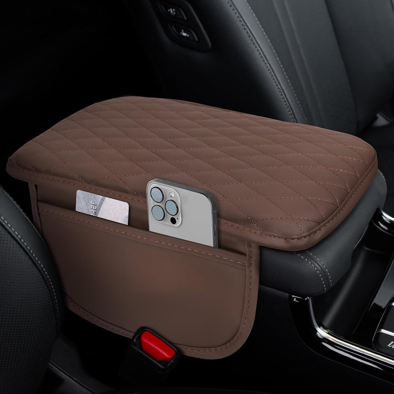 ongfuwu Car Center Console Cover, 12"×7.87" Waterproof Leather Auto Armrest Cover Protector with 2 Pocket, Comfortable Arm Rest Box Cushion Pad, Universal Interior Car Accessories (Coffee) - Image 1